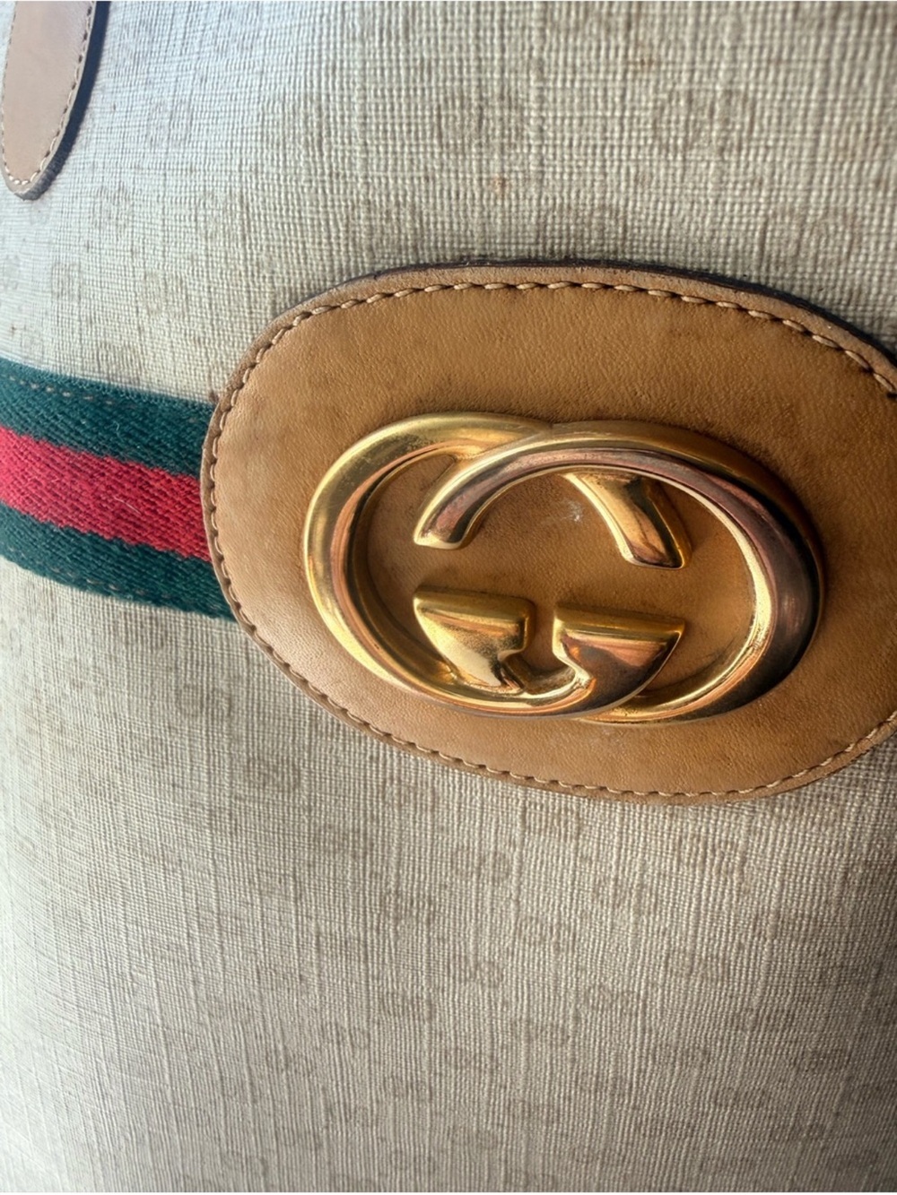 Gucci Tan Canvas Shoulder Bag with Green-Red Web and Gold Logo